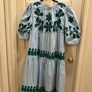 By Anthropologie Embroidered Blue Puff Sleeve Midi Dress Sold Out